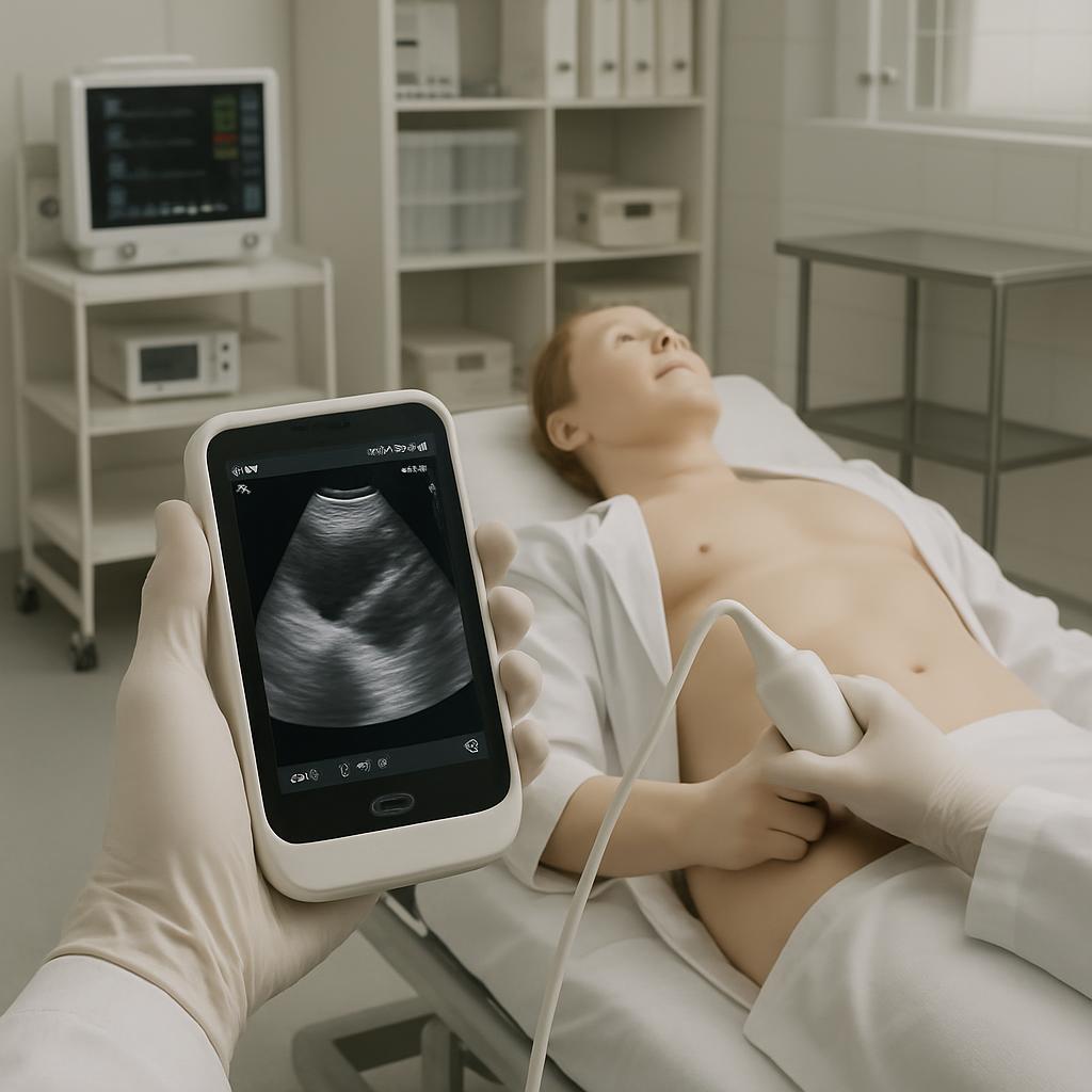 An ultrasonographic image of an ultrasound device scanning a mannequin chest.