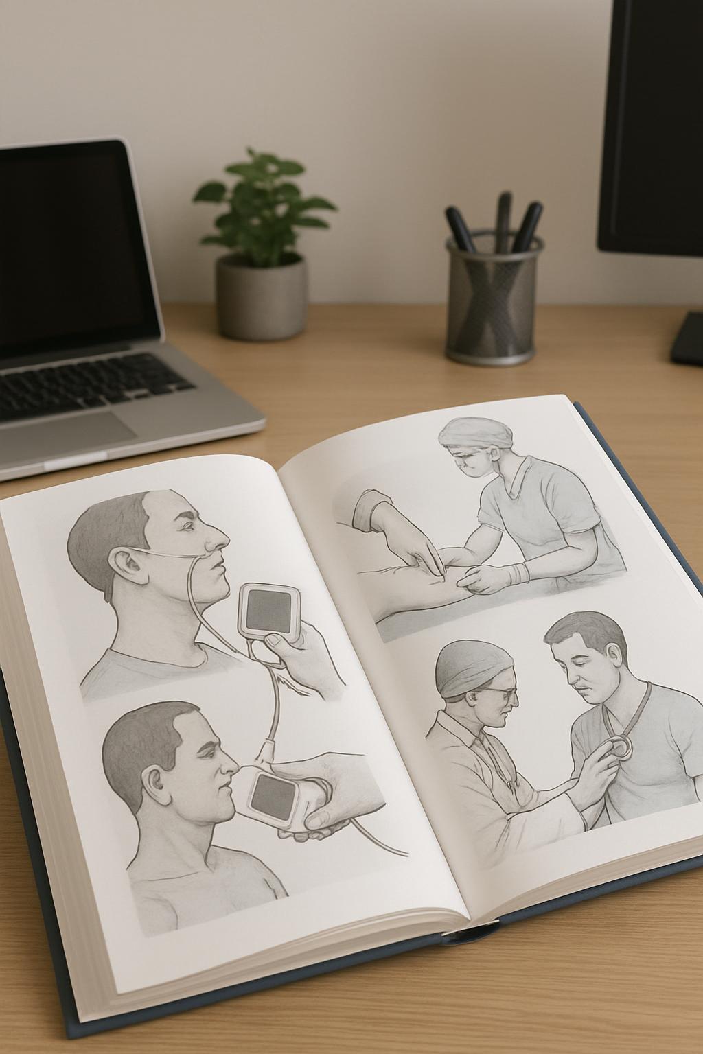 A person giving medical advice to other people while wearing surgical attire in a home-office environment.