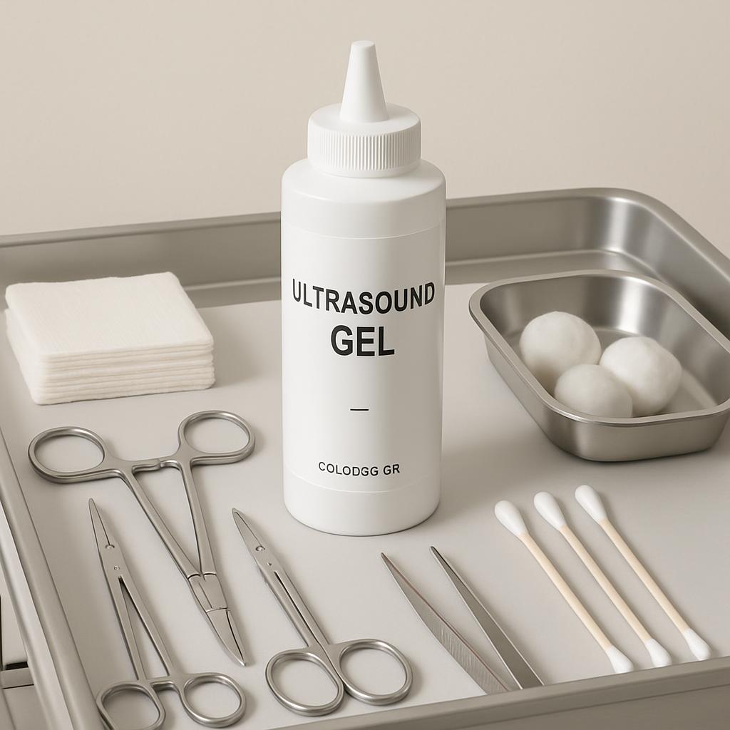 The alt text is: "Medical Supplies, including Ultrasound Gel, Scissors, Q-Tips and Cotton Balls."