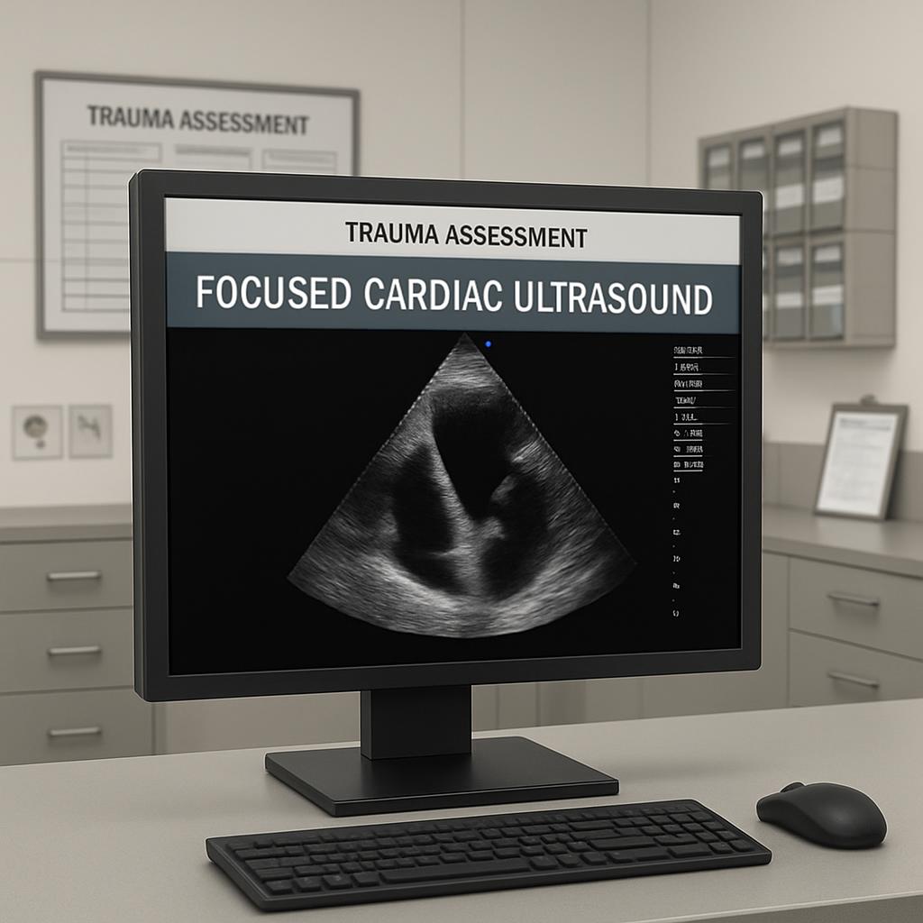 A computer monitor is displaying a focused cardiac ultrasound, with a keyboard and mouse in front of it, in a medical offi...