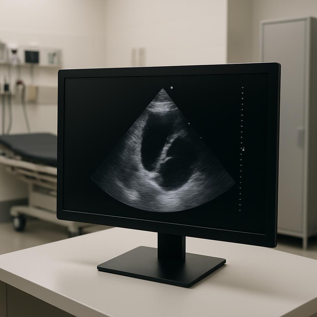 A computer monitor displays an ultrasound medical image showing a wall of muscles in a heart.