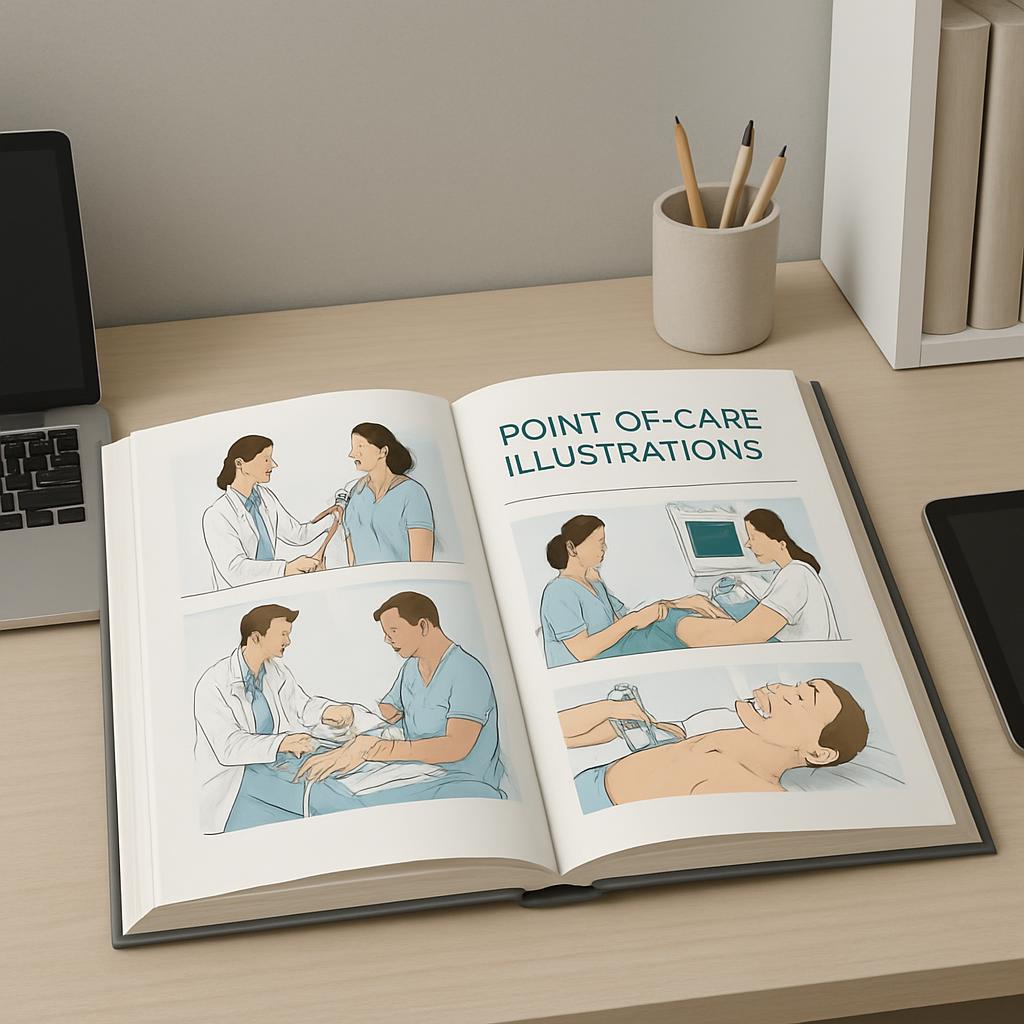 Laptop on desk with book illustrating point of care medical moments.