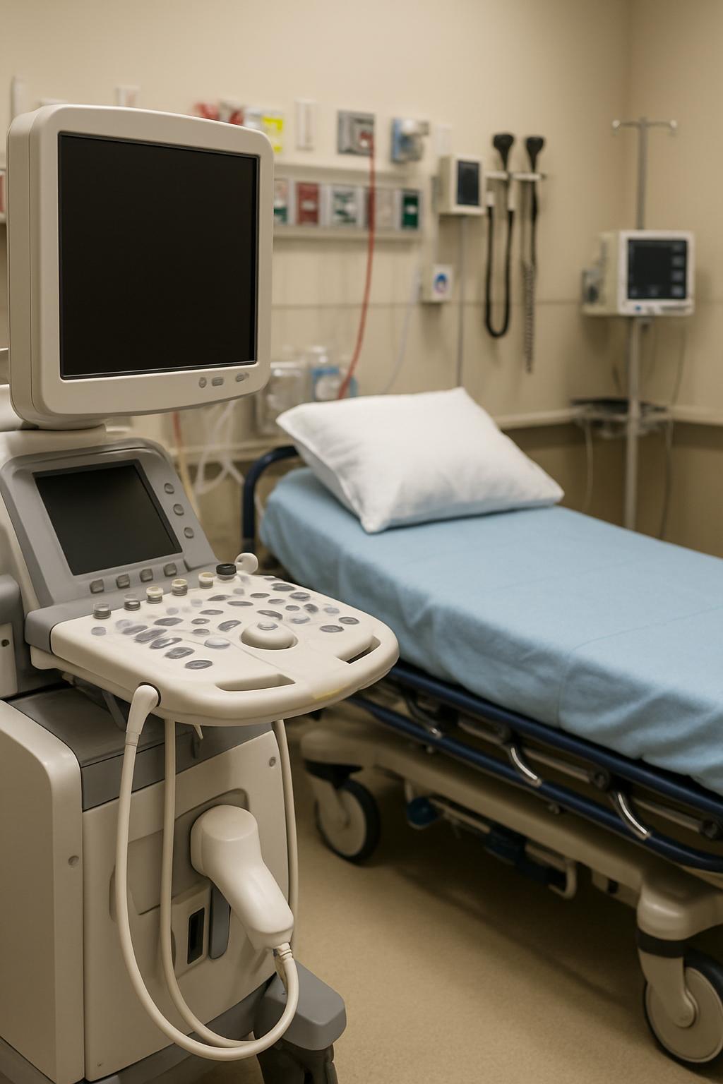 A hospital room with a bed and medical equipment.