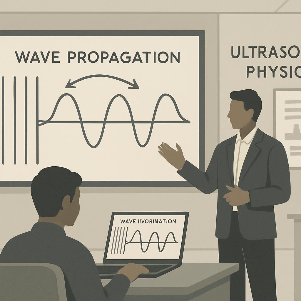 The man in this image appears to be presenting a lesson on Wave Propagation to a student in a classroom setting. The entir...